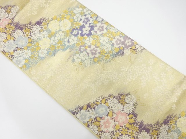 未使用品　創喜庵製　霞に花模様織り出し袋帯(未仕立て)